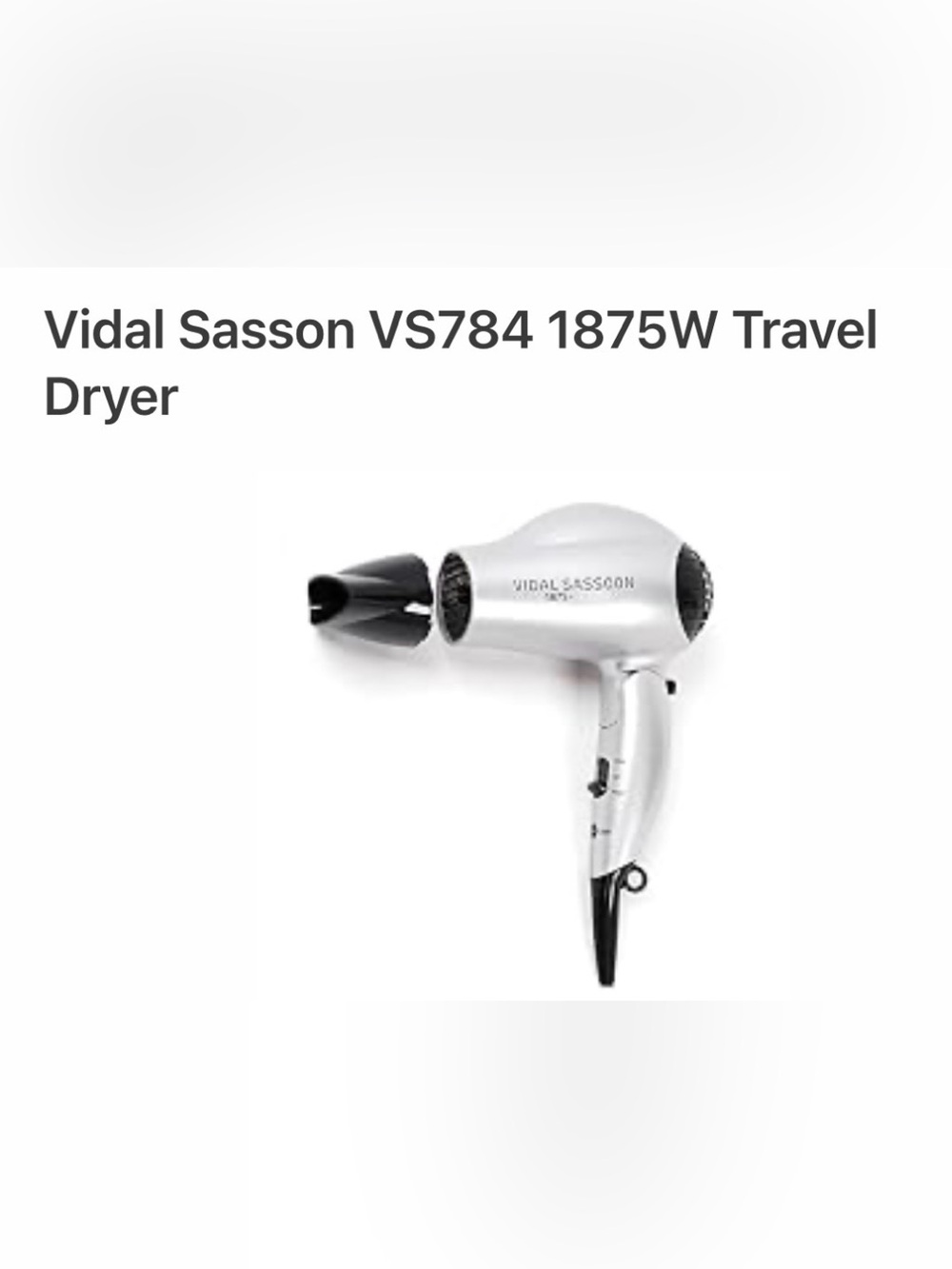 Vidal Sassoon Ionizer Silver VS784 1875W Travel Hair Dryer